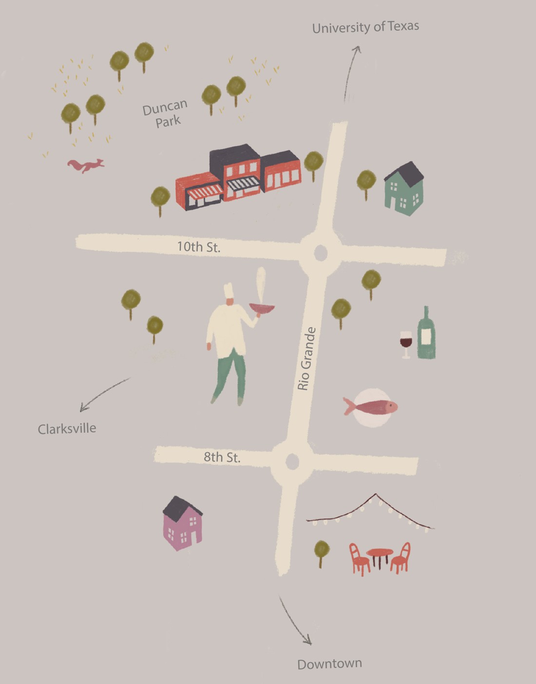 Illustrated map of Duncan Park, between West Campus, Clarksville and downtown Austin